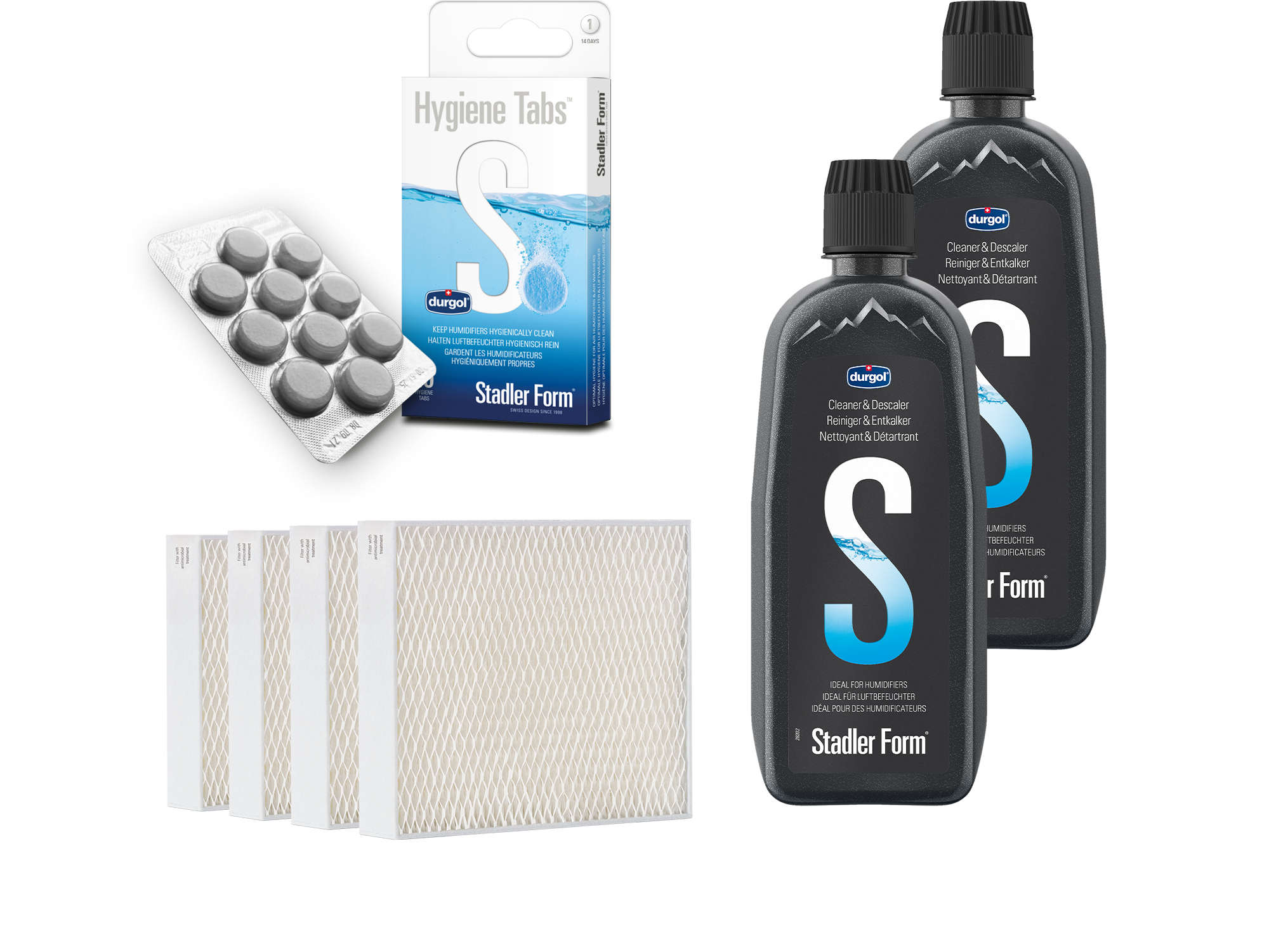 Humidifier accessory pack with hygiene tabs, evaporator filter and descaling agent